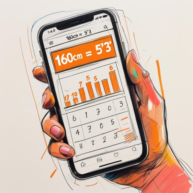 A smartphone screen showing a height conversion app converting 160cm = 5'3_ (1) A smartphone screen showing a height conversion app converting 160cm 53 1