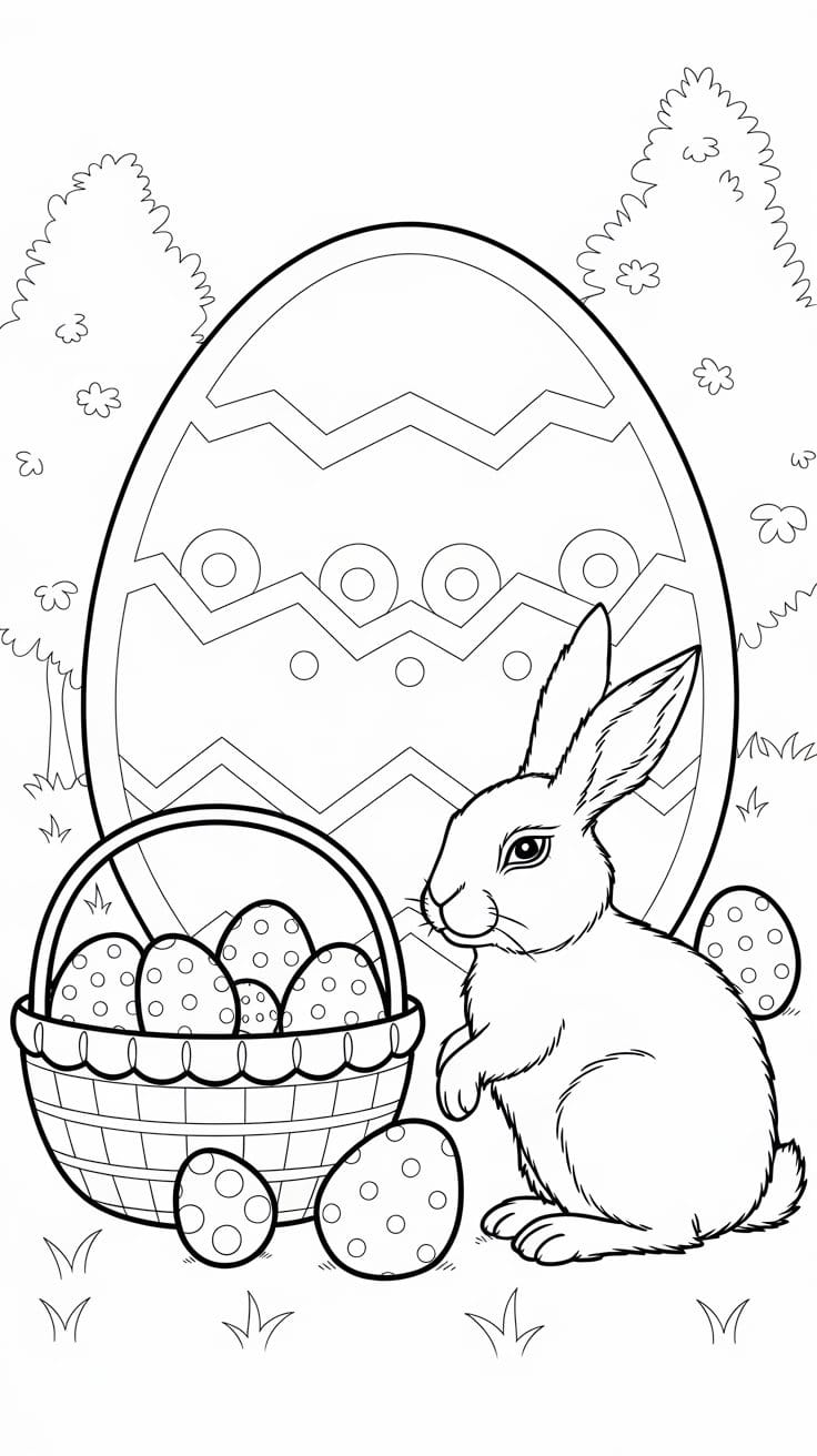 a line drawing of an easter scene with