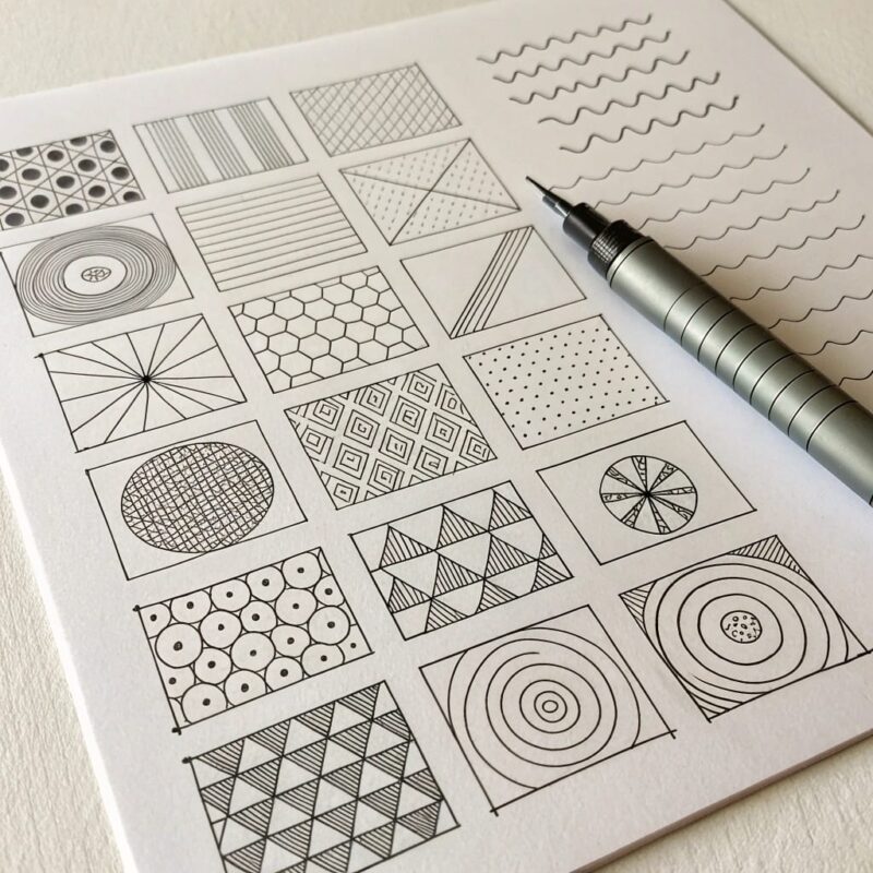 a collection of doodle samples on a single sheet