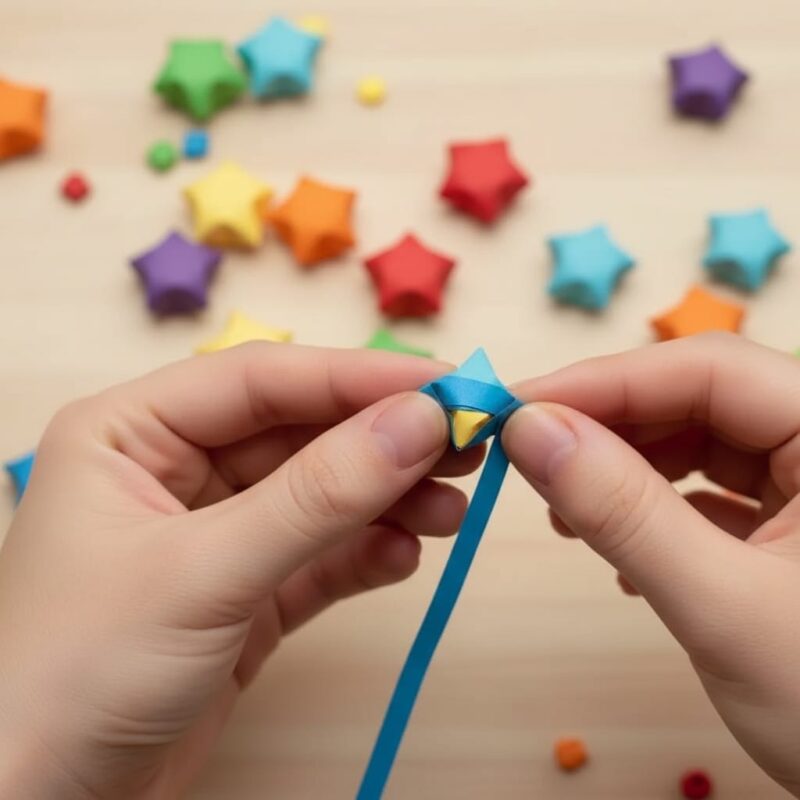 a hand folding a strip paper of origami diy