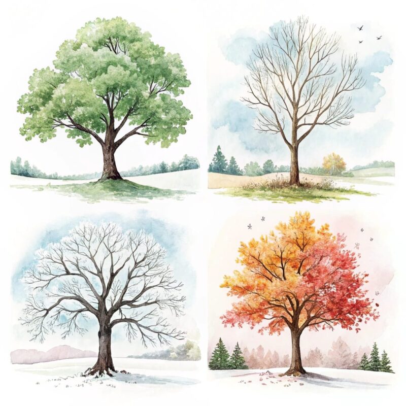a series of four watercolor trees each showing a