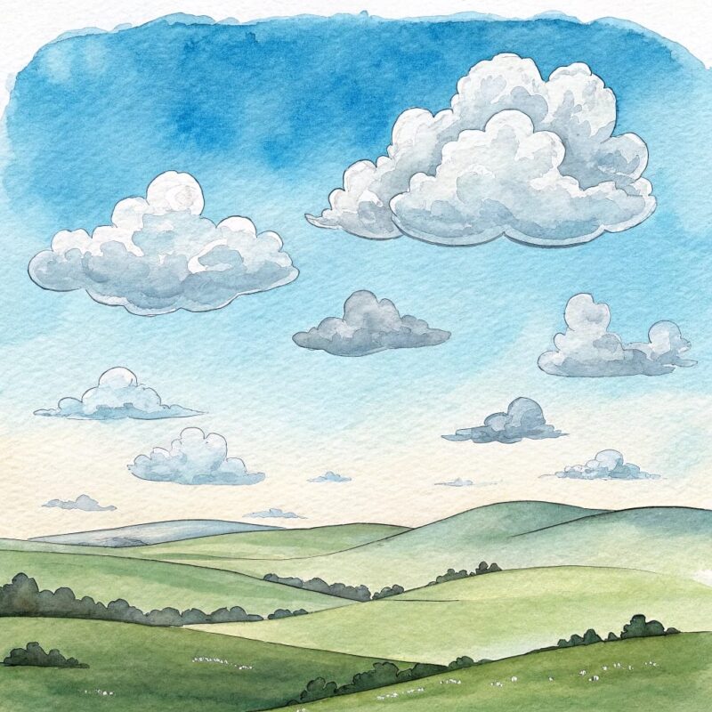 a soft watercolor landscape with a cloudy sky th