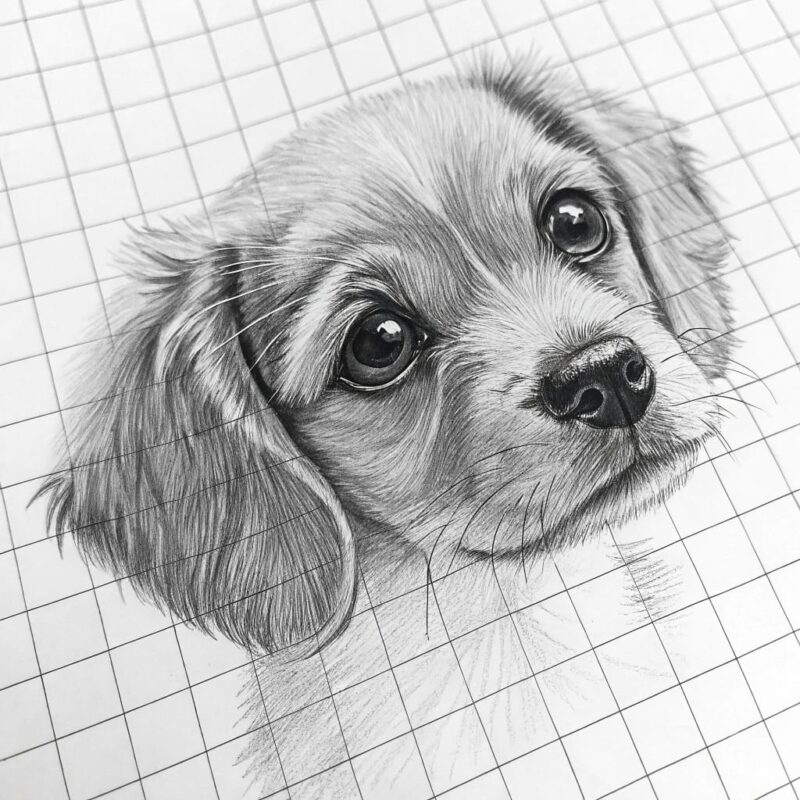 big round puppy eyes drawn on upper grid line wid