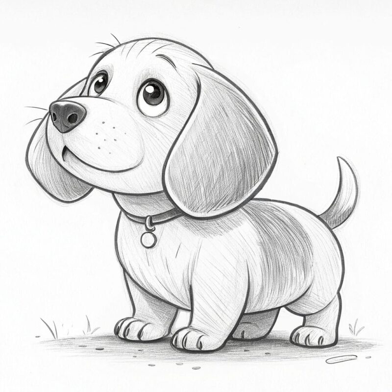 hand drawn pencil sketch of a chubby puppy with a