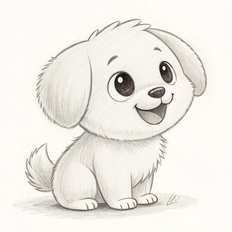 minimalist pencil drawing of a smiling puppy in ka