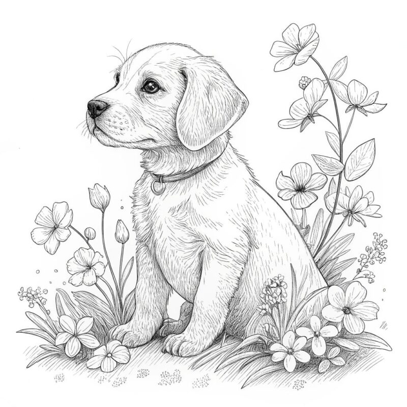 pencil outline of a sitting puppy with delicate ha