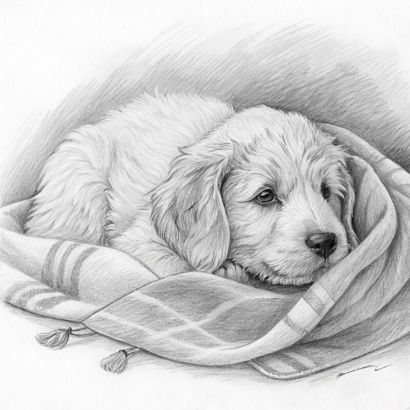 pencil sketch of a fluffy puppy curled up on a bla