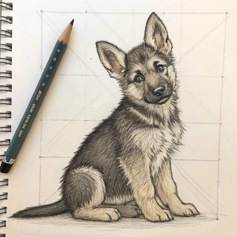 rough pencil character sketch of a german shepherd