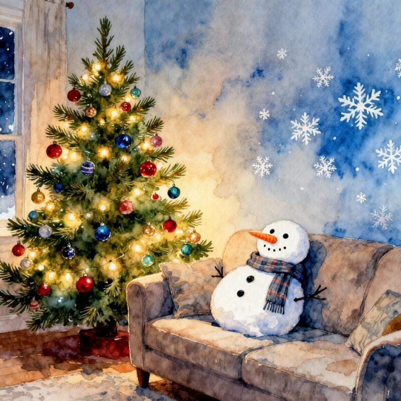 10 Merry Christmas Images Painting: Festive Art for the Holiday Season 1 Christmas Pine Tree with Snowman on Couch 1