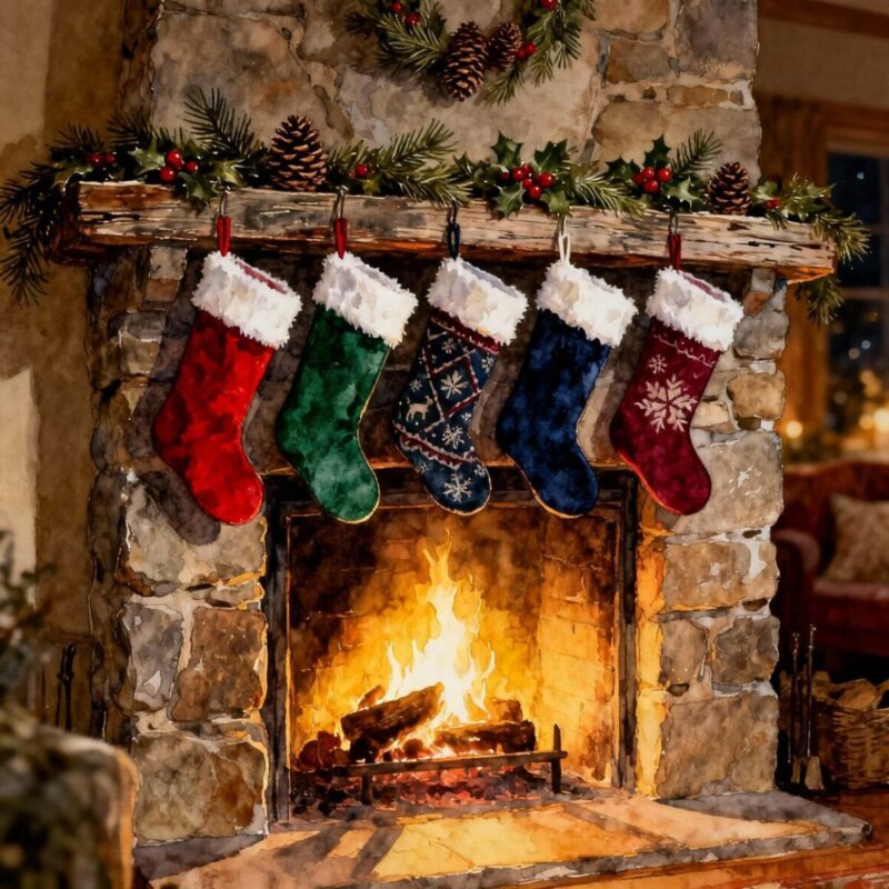 Christmas Stockings on Rustic Fireplace 1