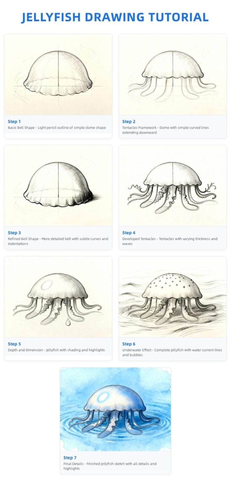 How to Sketch Jellyfish Step by Step Jellyfish Drawing Tutorial Collage