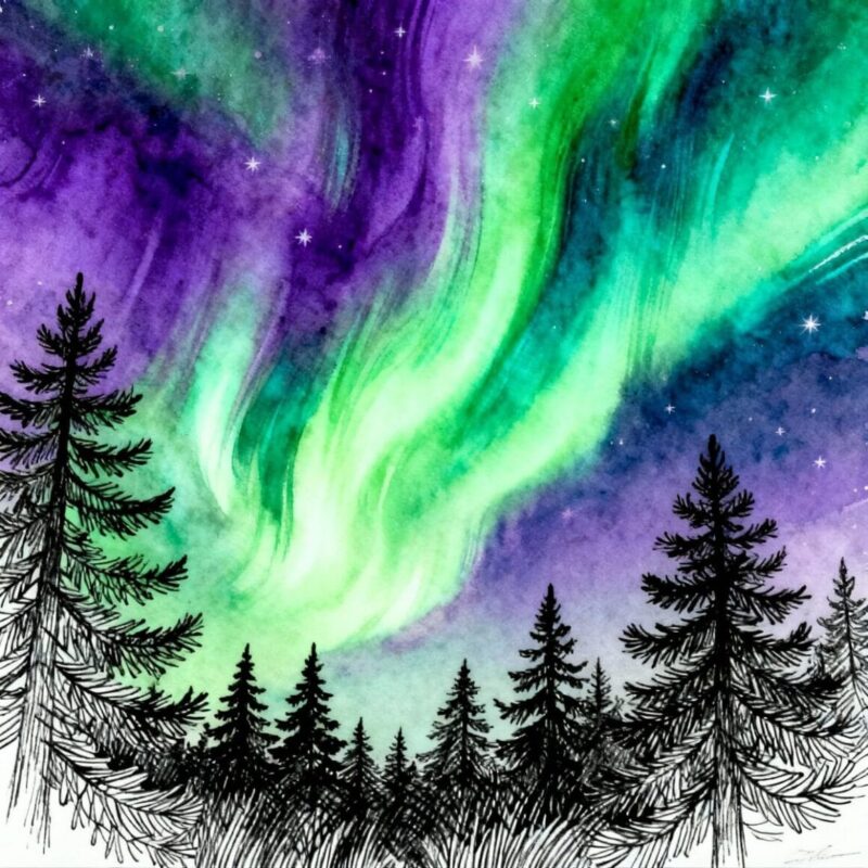Pine Trees Under Northern Lights 1