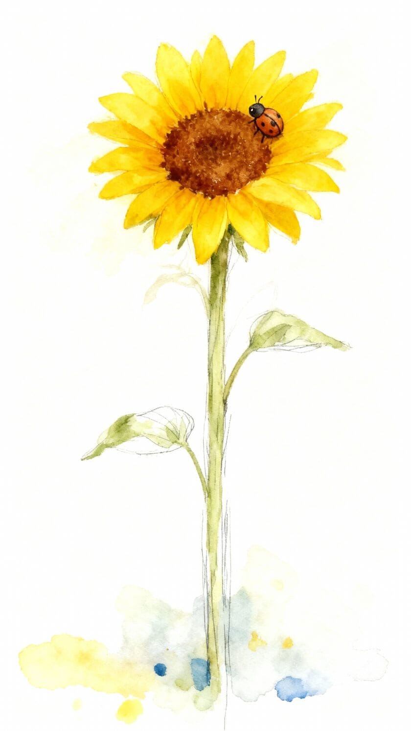 Watercolor Bug and Sunflower with White Space