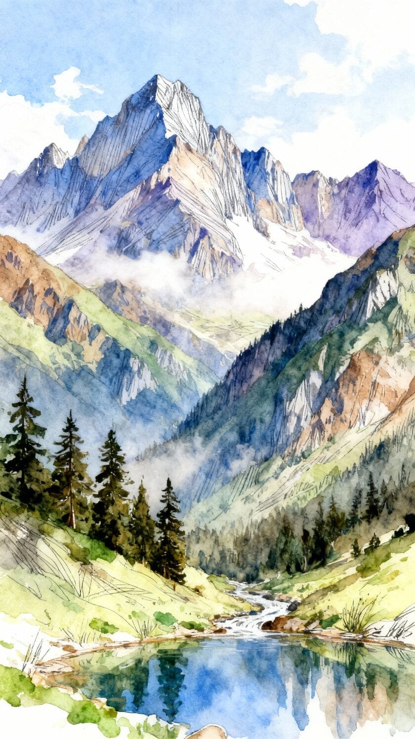 Watercolor Mountain Landscape
