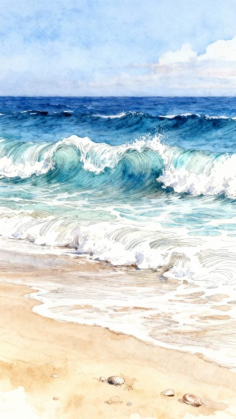 Watercolor Ocean Waves Beach Shore