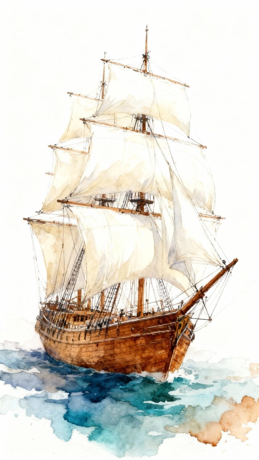 Watercolor Sailing Ship with White Space
