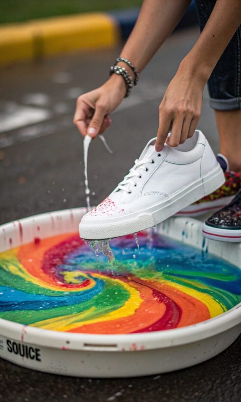 hands dipping a white sneaker into a bucket of sw