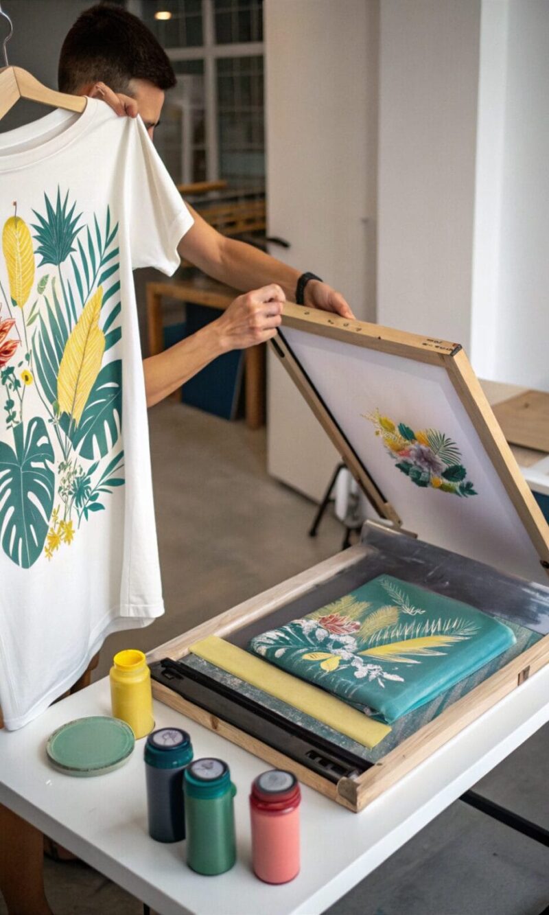 hands lifting a screen off a t shirt showing fre