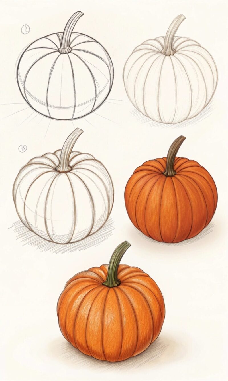 10 Cute Pumpkin Doodles easy drawing ideas and steps 3 show the steps in a collage you start with a li