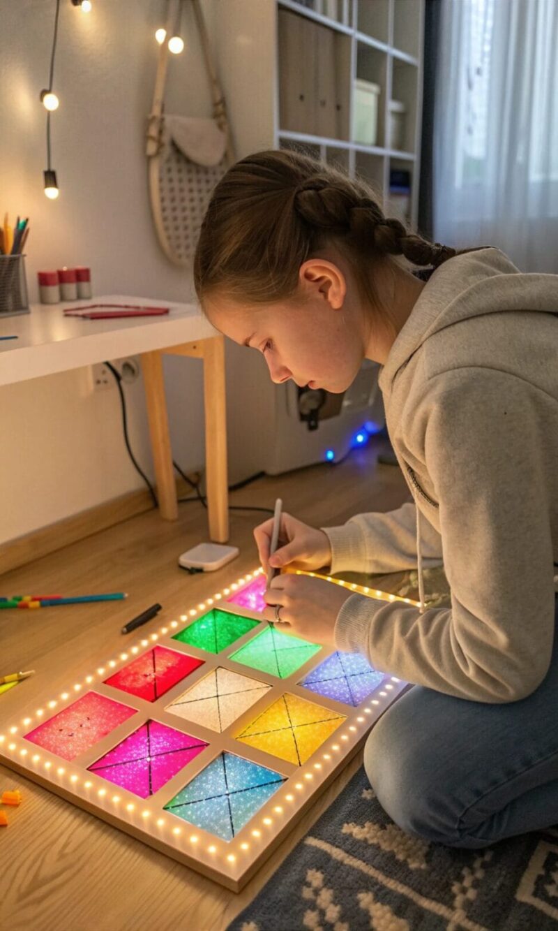teen girl making a light up wall art craft diy