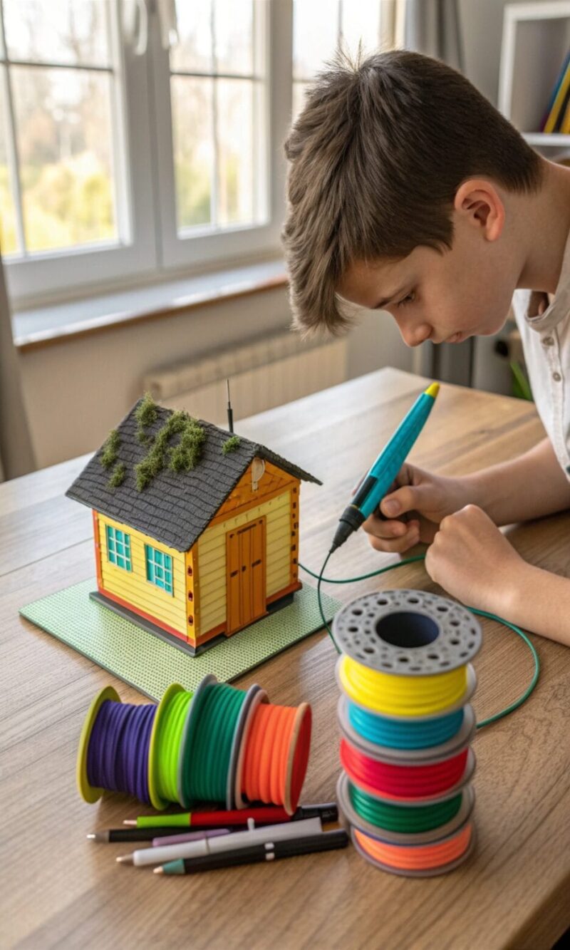 teen using a colorful 3d printing pen to build a