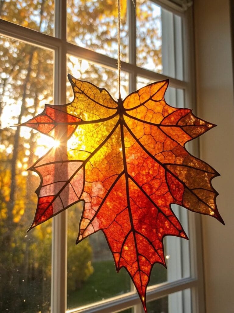 a beautiful final fall leaf suncatcher hanging on
