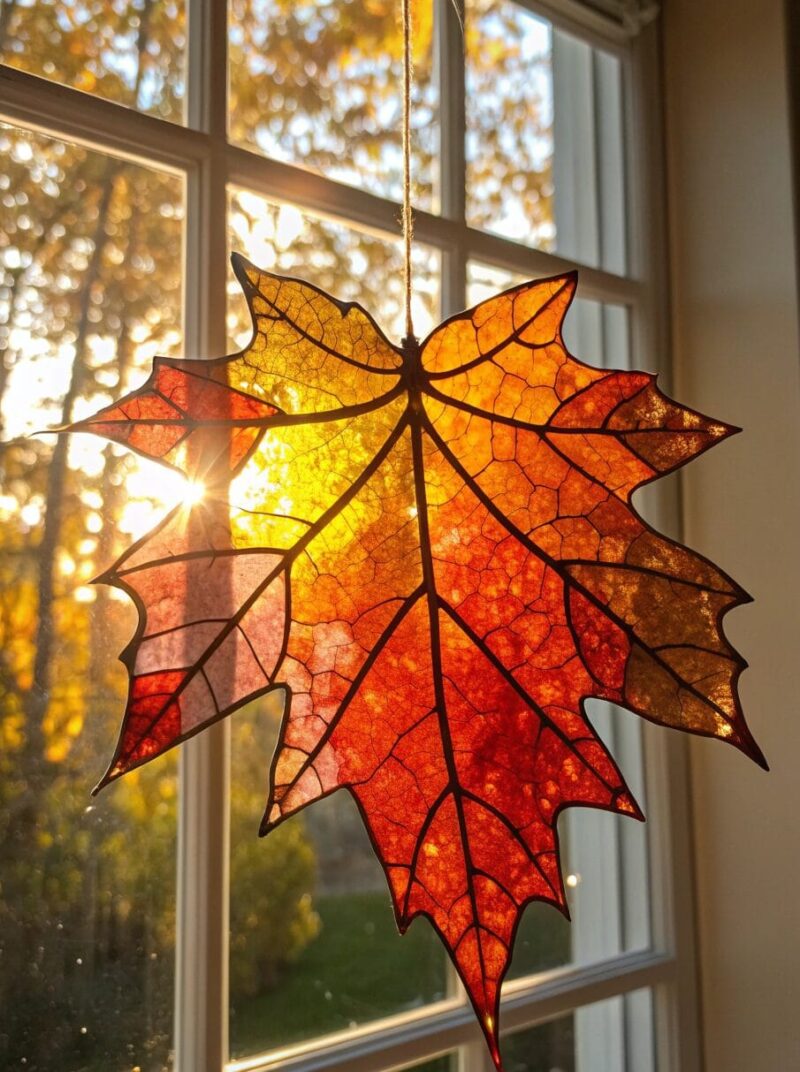 a beautiful final fall leaf suncatcher hanging on