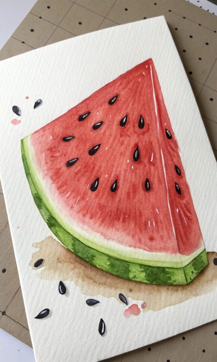a cheerful mini watercolor painting of a watermelo