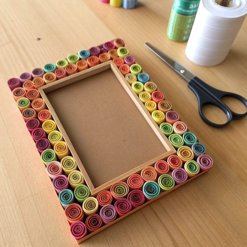 a colorful handmade photo frame made from rolled m