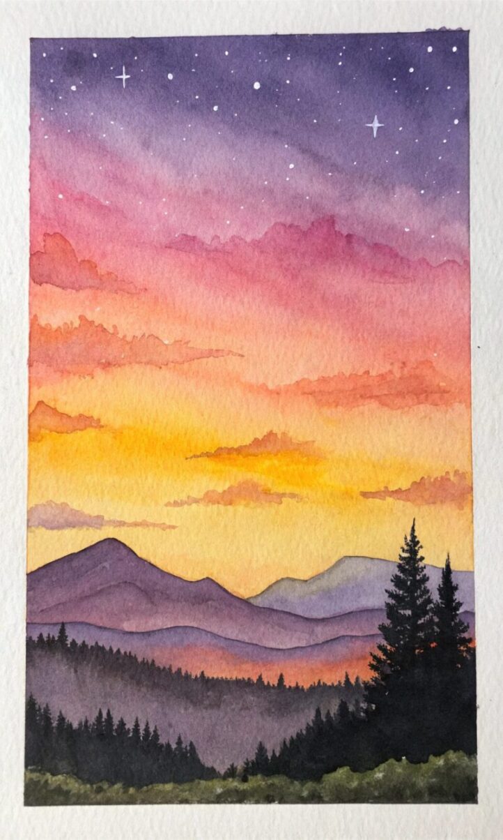 a small square watercolor painting of a dreamy sun