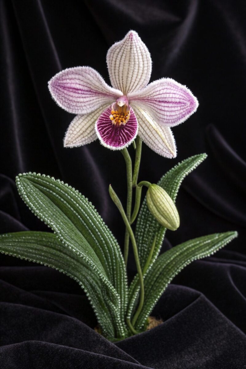 sophisticated beaded orchid bloom with complex pet