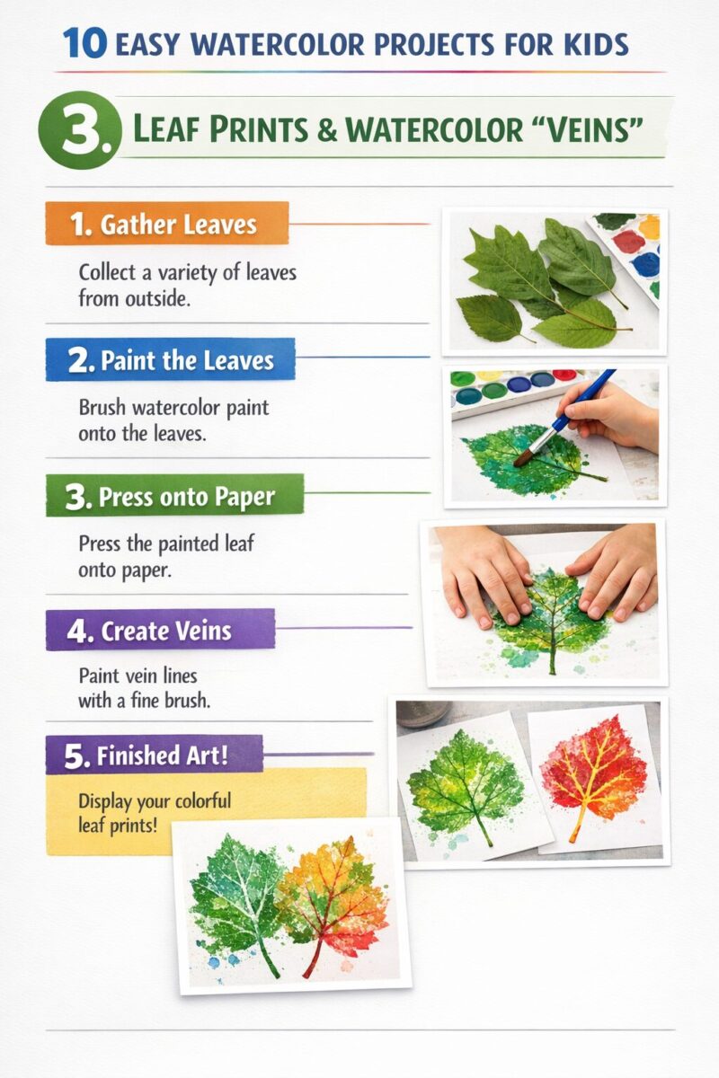 10 easy watercolor projects for kids 4 3. Leaf Prints and Watercolor “Veins”