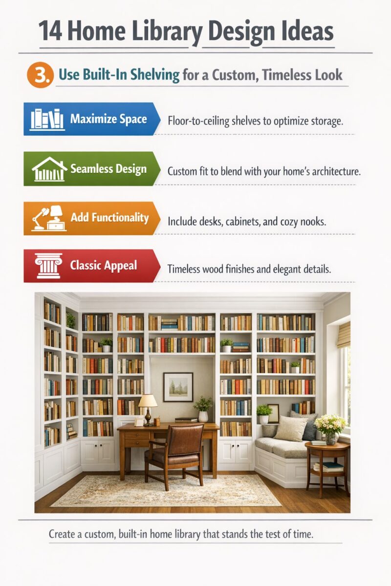 14 Home Library Design Ideas 3 3. Use Built-In Shelving for a Custom, Timeless Look