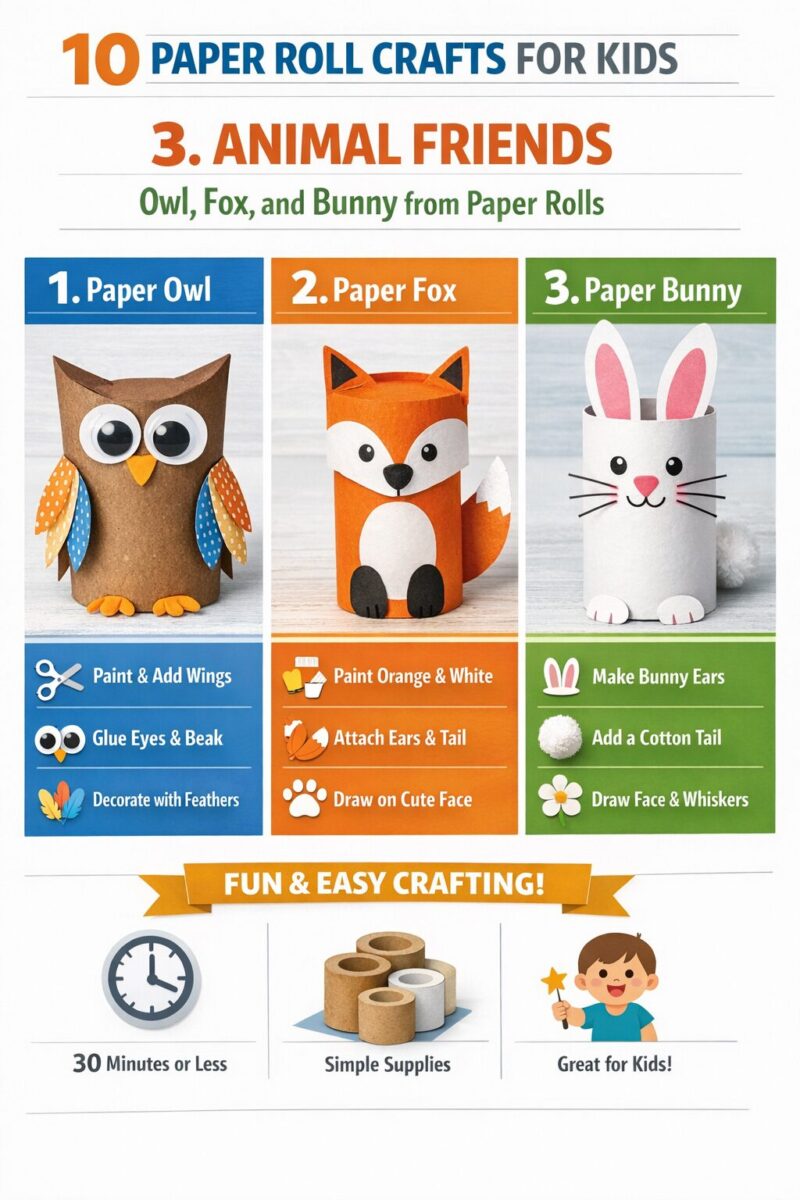3. Animal Friends: Owl, Fox, and Bunny from Paper Rolls