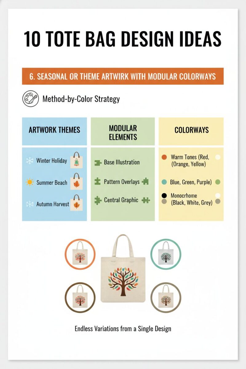 10 Tote Bag Design Ideas 7 6. Seasonal or theme artwork with modular colorways (method-by-color strategy)
