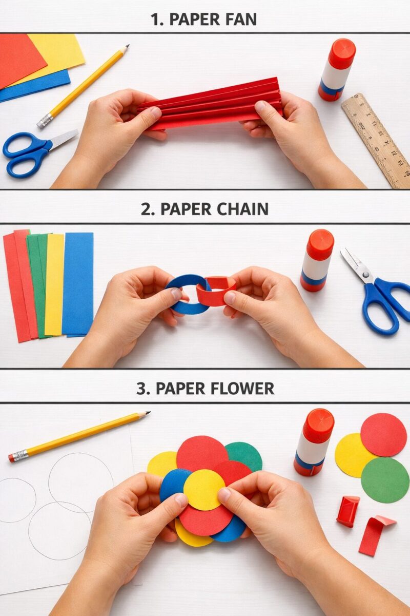 Overhead top-down view of hands assembling three simple projects in sequence: folded paper accordion fan, looped paper