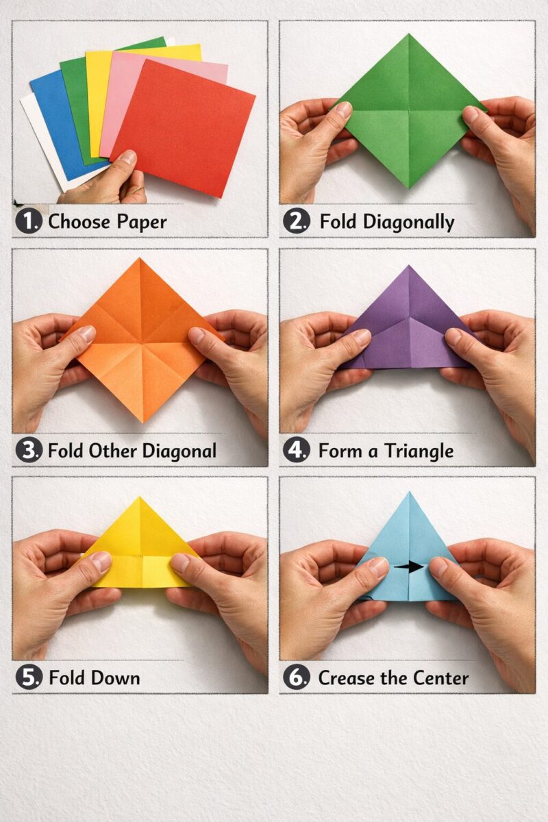 Infographic-style image for an origami butterfly step by step tutorial, sequential six-panel layout showing beginner