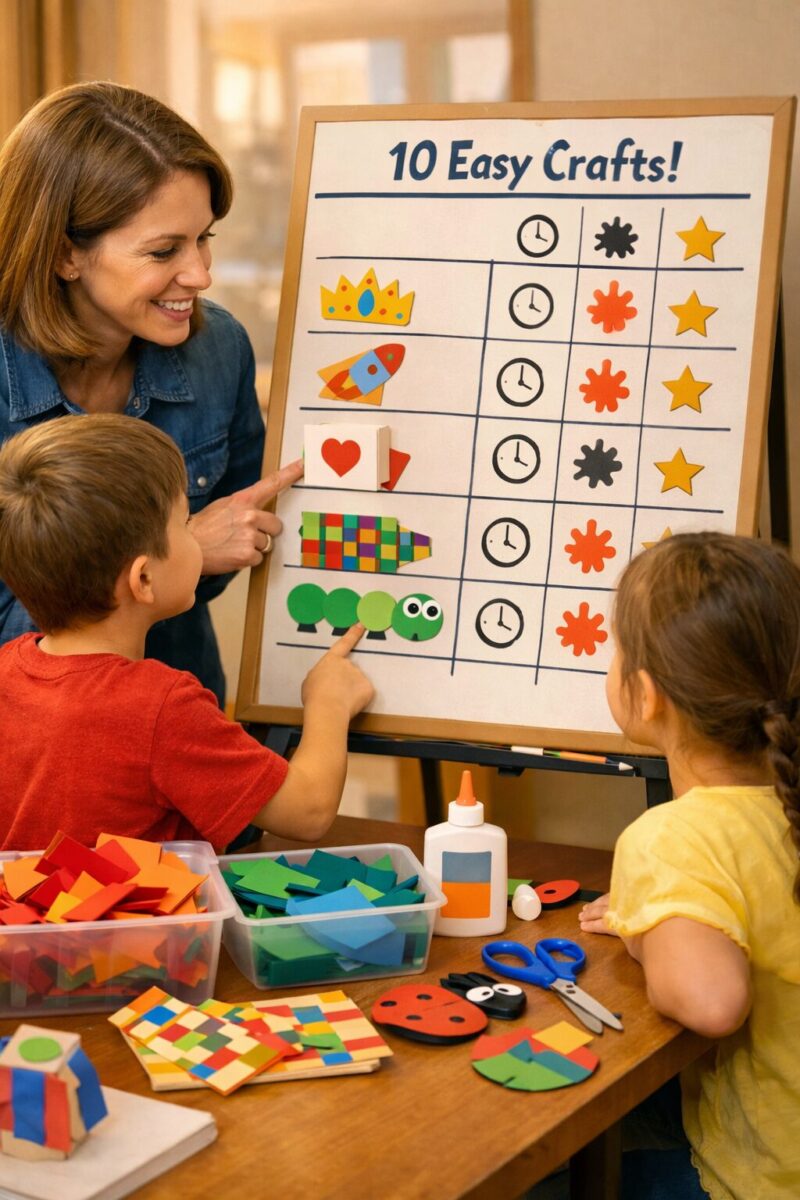 Side-angle composition with a teacher or parent helping two children choose projects from a simple visual chart, comparison
