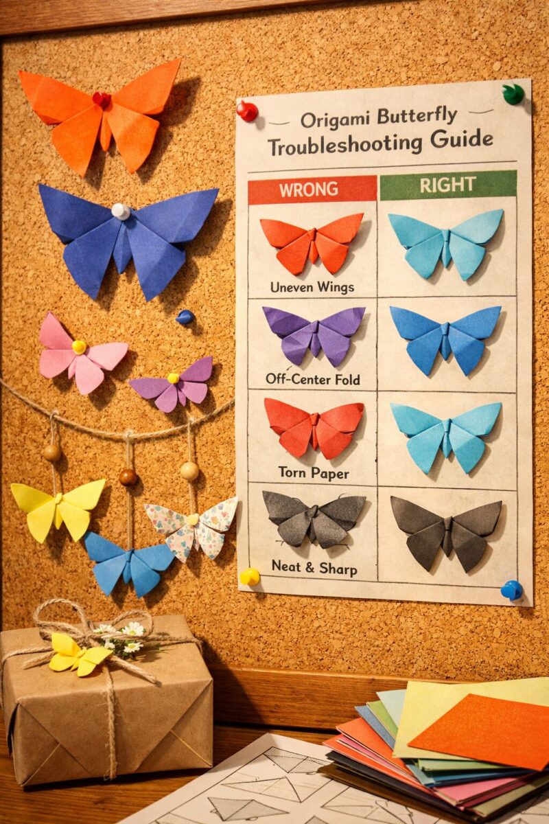 Troubleshooting and finishing guide image for an origami butterfly step by step tutorial, angled side perspective of several