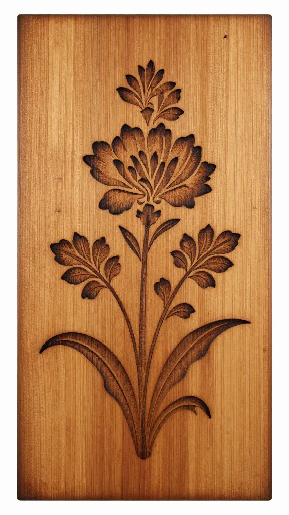 Single wooden plaque with burned floral design