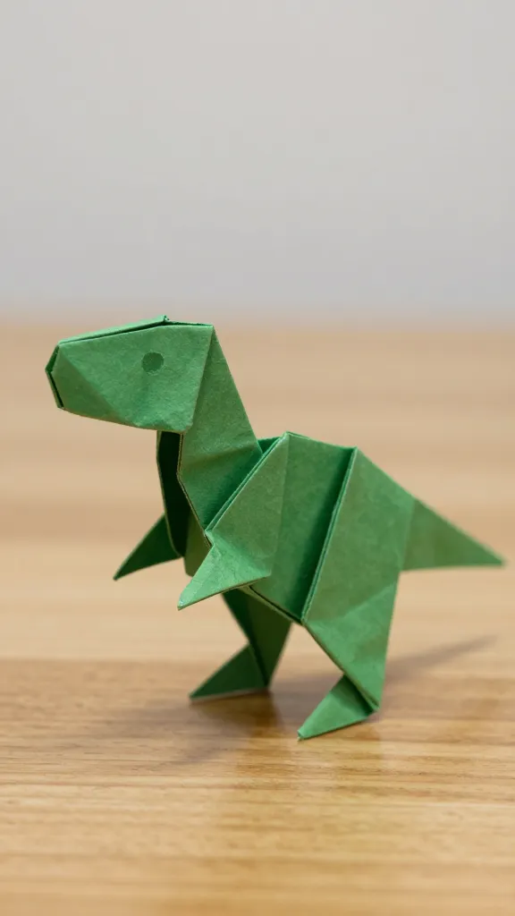 Closeup of green origami T-Rex on wooden desk
