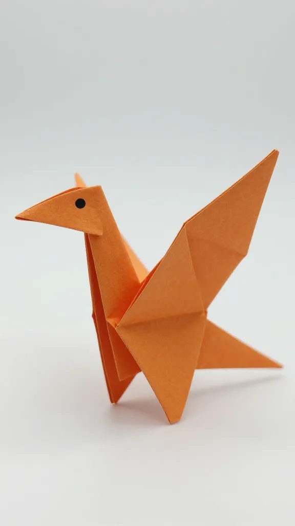 Single orange origami pterodactyl paper dinosaur closeup