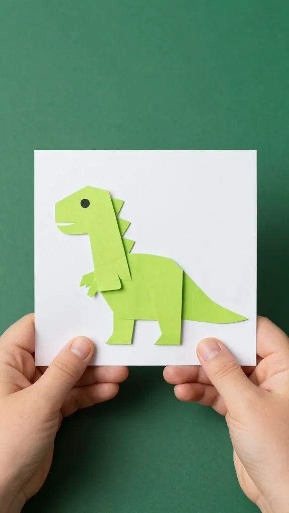 Child's hands folding square paper into dinosaur shape