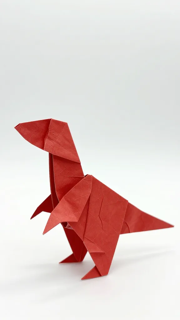 Completed red origami dinosaur with visible paper creases