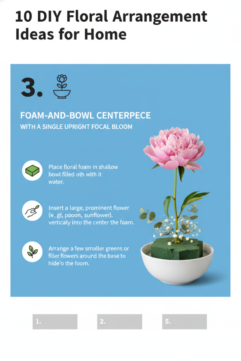 3. Foam-and-bowl centerpiece with a single upright focal bloom