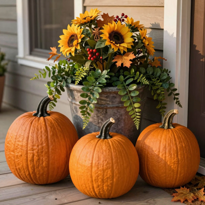 7. Seasonal container arrangement (pumpkin planters and more)