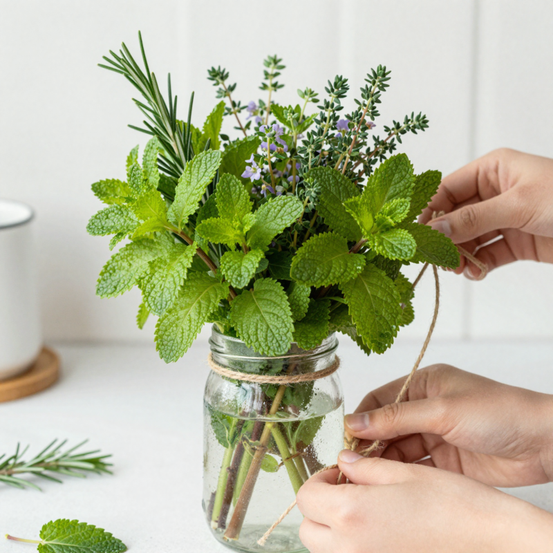 8. Herbal bouquet arrangement for a fresh, casual centerpiece