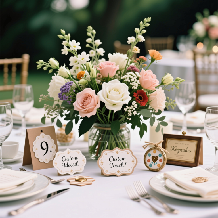 14 Wedding Floral centerpiece Ideas 7 9. Personalized Touches: Custom Labels, Keepsakes, and Themed Accents