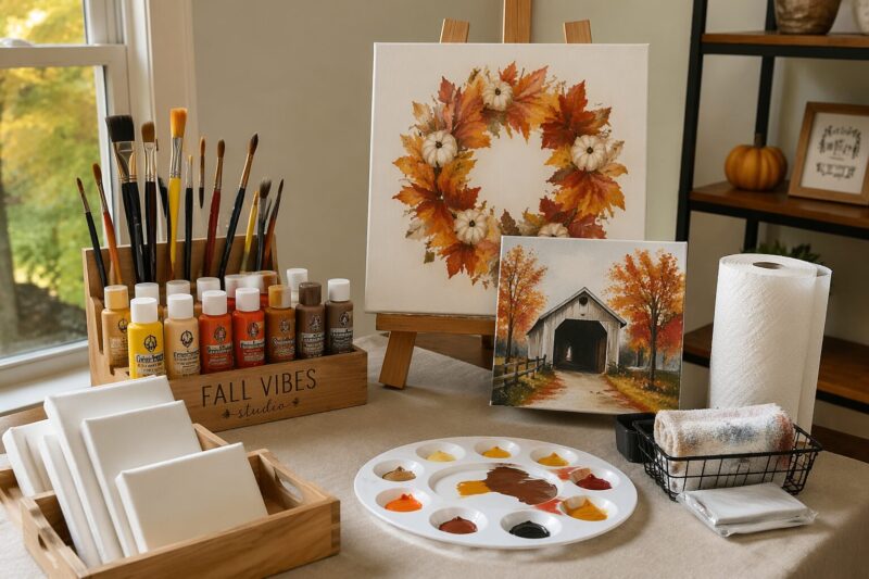 11 Genius DIY Fall Canvas Painting Ideas for Beginners That Actually Work 8 6. Fall Covered Bridge — Perspective Without the Pain