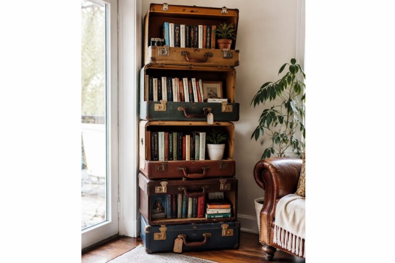 3. Vintage Suitcase Stacked Library